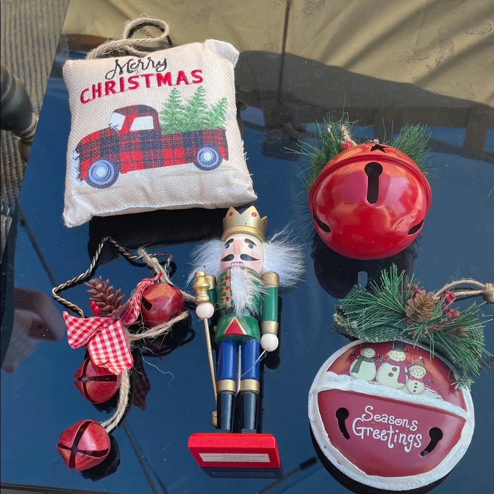 Festive Nutcracker & Red Bell Christmas Ornament Set